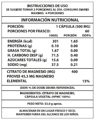 Citrato de Magnesio 400mg 60 Caps